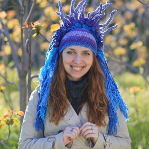 Purple blue crochet hat original headdress with tassels and horns winter cosplay beanie image 4