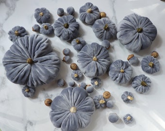 Set 20 small light gray velvet pumpkins and 19 velvet acorns with gold painted real caps