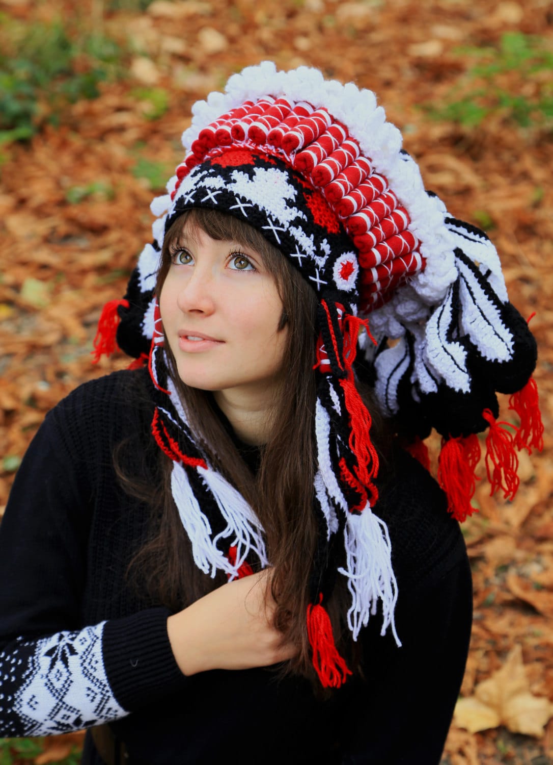 Red White Black Crochet Feather Headdress, Tribal Winter Beanie - Etsy