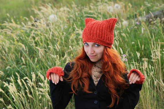 Crochet Fox Hat & Fingerless Gloves Set: Handmade Orange 