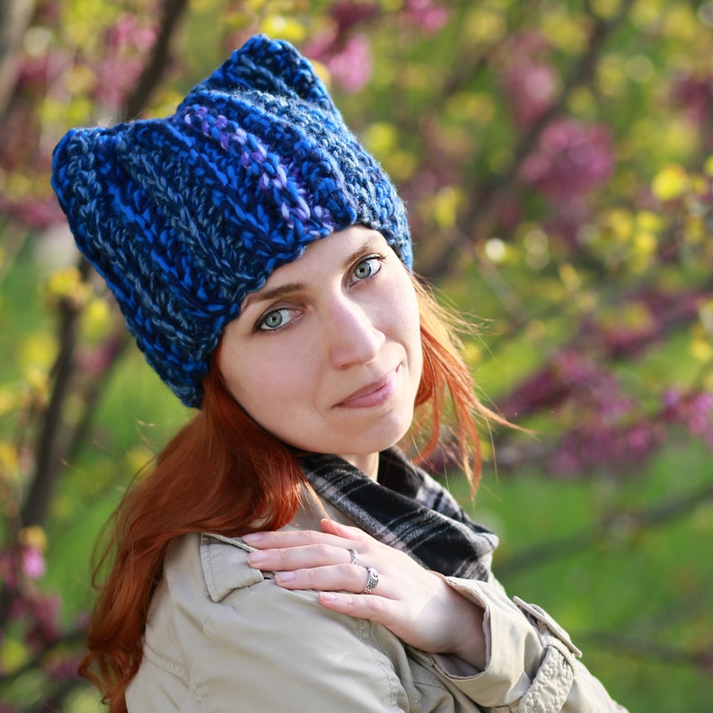 Blue winter hat with ears knit handmade animal crochet adult ladies beanie cat lover gift idea fox soft yarn fashion cat hat image 3