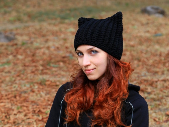 Handmade Winter Black Hat With Cat Ears - Etsy display picture 1