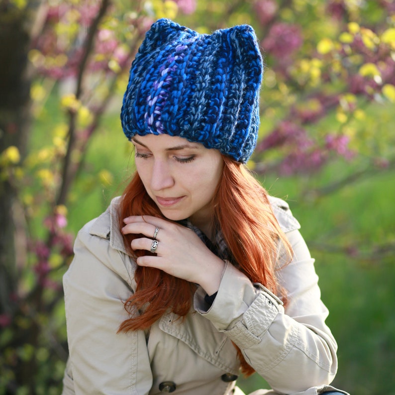 Blue winter hat with ears knit handmade animal crochet adult ladies beanie cat lover gift idea fox soft yarn fashion cat hat image 9