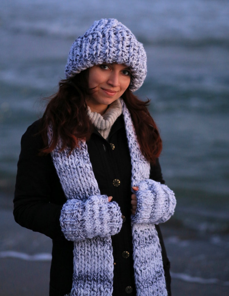 Big knit white gray scarf long thick winter chunky cozy Etsy