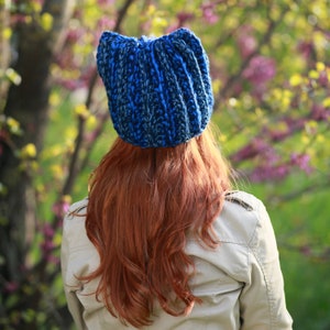 Blue winter hat with ears knit handmade animal crochet adult ladies beanie cat lover gift idea fox soft yarn fashion cat hat image 4
