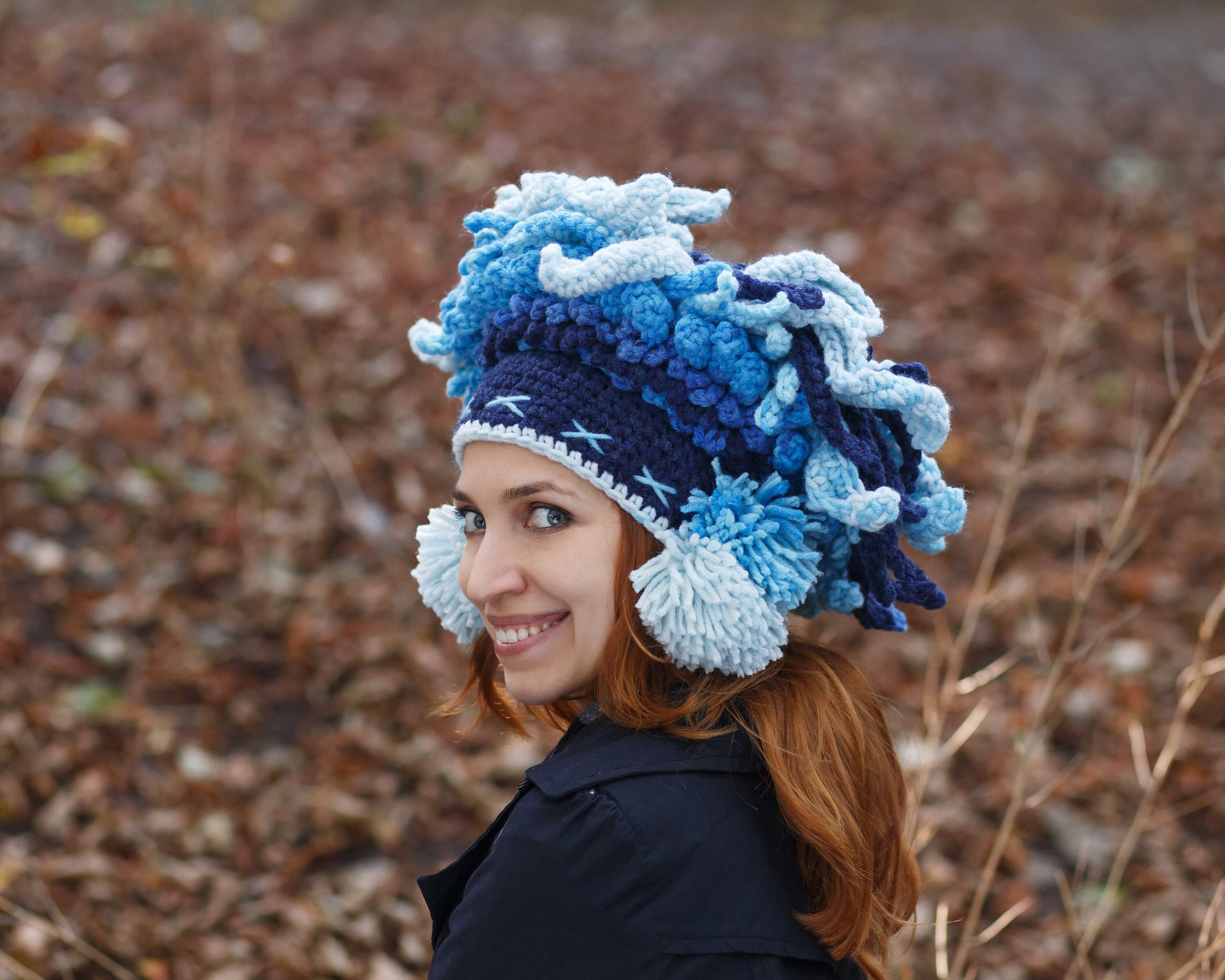 Winter Blue Shaman Crown Crochet Hat Festival Costume Headdress Knit Wool Roach Large Crazy Beanie - Etsy Winter Blue Shaman Crown Crochet Hat Festival Costume Headdress Knit Wool Roach Large Crazy Beanie - Etsy