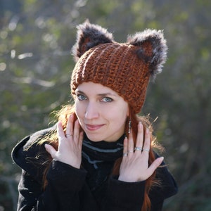 Winter hat with squirrel ears crochet unisex adult beanie natural fur black fox ears hat best gift idea for animal lovers dog cat owl pets image 10