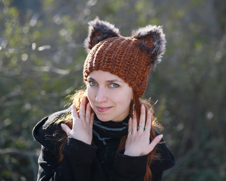Winter hat with squirrel ears crochet unisex adult beanie natural fur black fox ears hat best gift idea for animal lovers dog cat owl pets image 10
