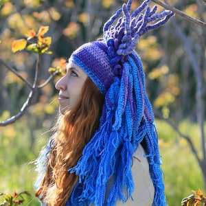 Purple blue crochet hat original headdress with tassels and horns winter cosplay beanie image 10
