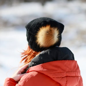 Slouchy black hat with fur pompom hand knitted wool hat warm soft knit woman accessories image 4