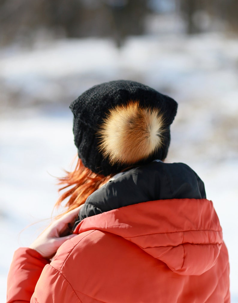 Slouchy black hat with fur pompom hand knitted wool hat warm soft knit woman accessories image 4