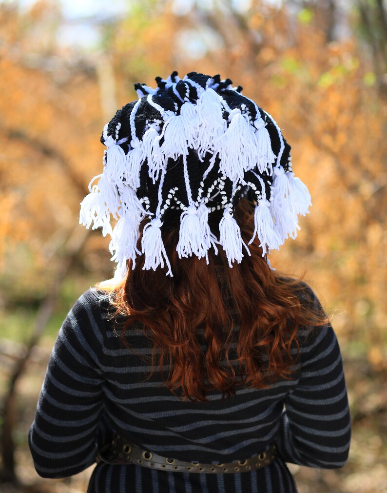 Black white festival headdress unisex adult crochet tribal winter hat