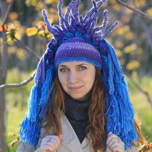 Purple blue crochet hat original headdress with tassels and horns winter cosplay beanie image 7