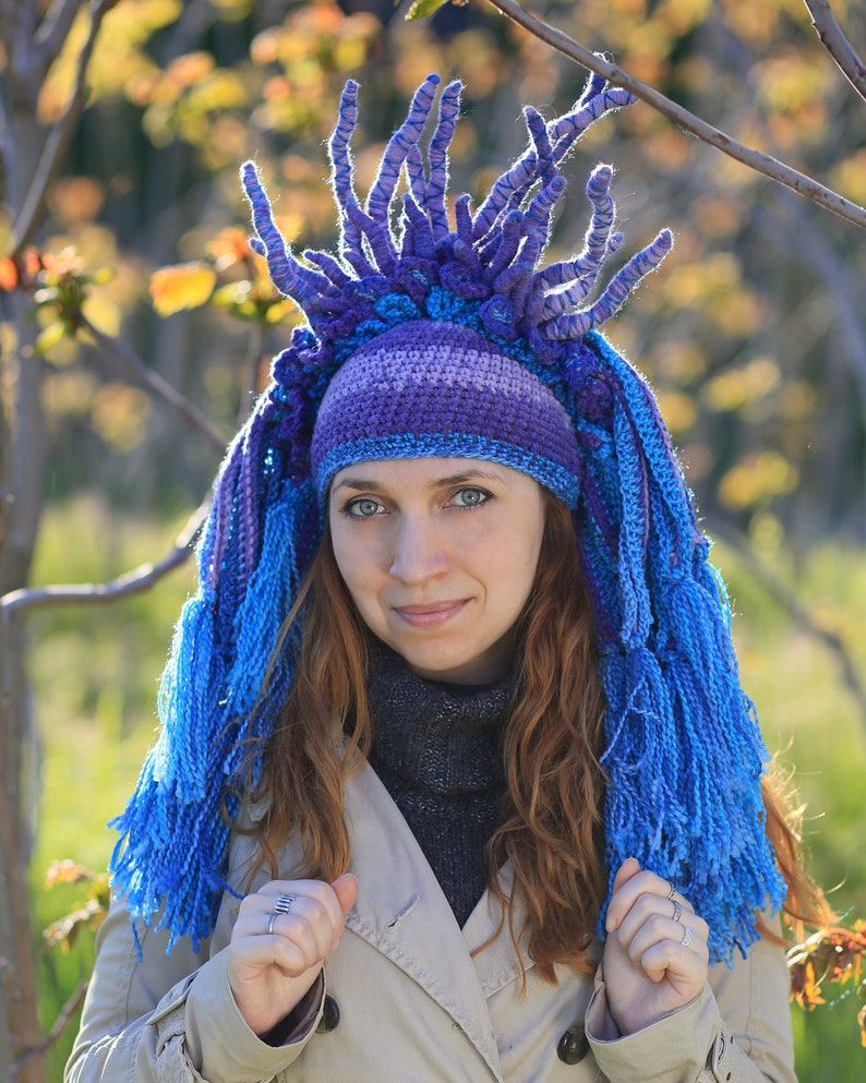 Purple blue crochet hat original headdress with tassels and horns winter cosplay beanie image 7