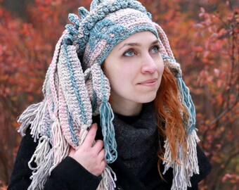 Winter crochet hat with mushroom - festival headdress green white gray pink - nature inspired adult beanie