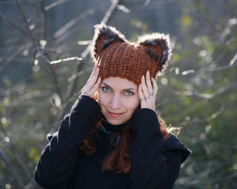 Winter hat with squirrel ears crochet unisex adult beanie natural fur black fox ears hat best gift idea for animal lovers dog cat owl pets image 6