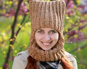 Crochet cat ear balaclava, handmade cat hood with neck cowl, adult winter ski mask
