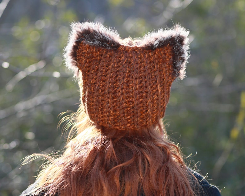 Winter hat with squirrel ears crochet unisex adult beanie natural fur black fox ears hat best gift idea for animal lovers dog cat owl pets image 4