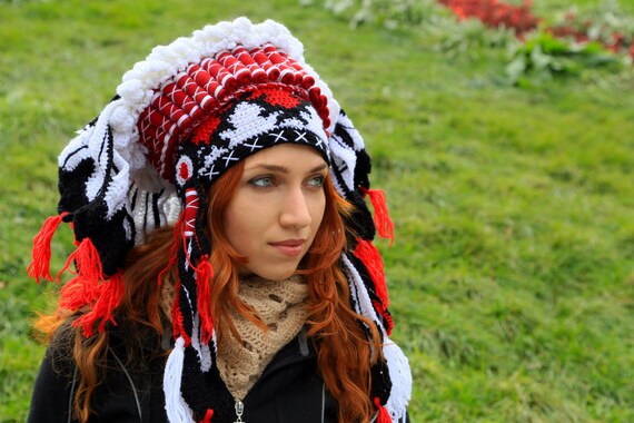 Red White Black Crochet Feather Headdress, Tribal Winter Beanie - Etsy