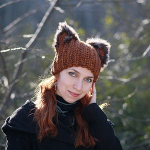 Winter hat with squirrel ears crochet unisex adult beanie natural fur black fox ears hat best gift idea for animal lovers dog cat owl pets image 9
