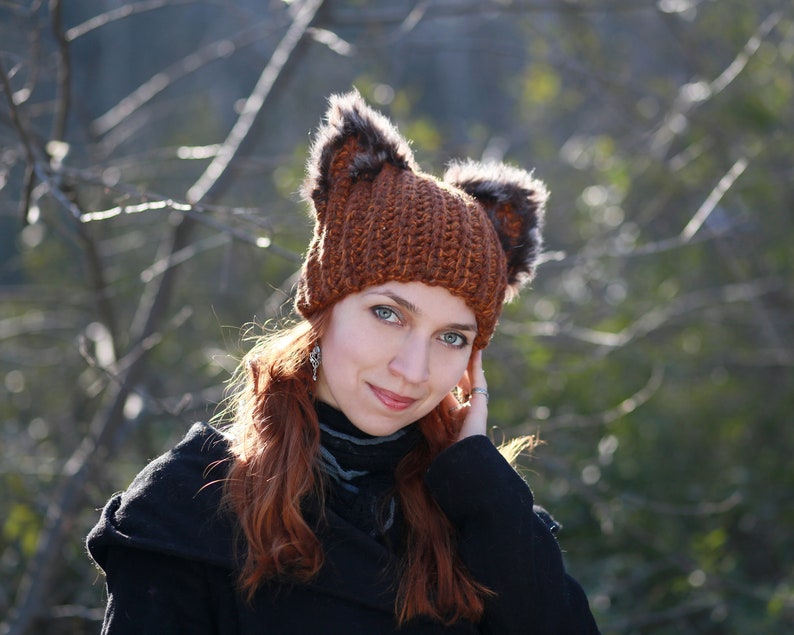 Winter hat with squirrel ears crochet unisex adult beanie natural fur black fox ears hat best gift idea for animal lovers dog cat owl pets image 9
