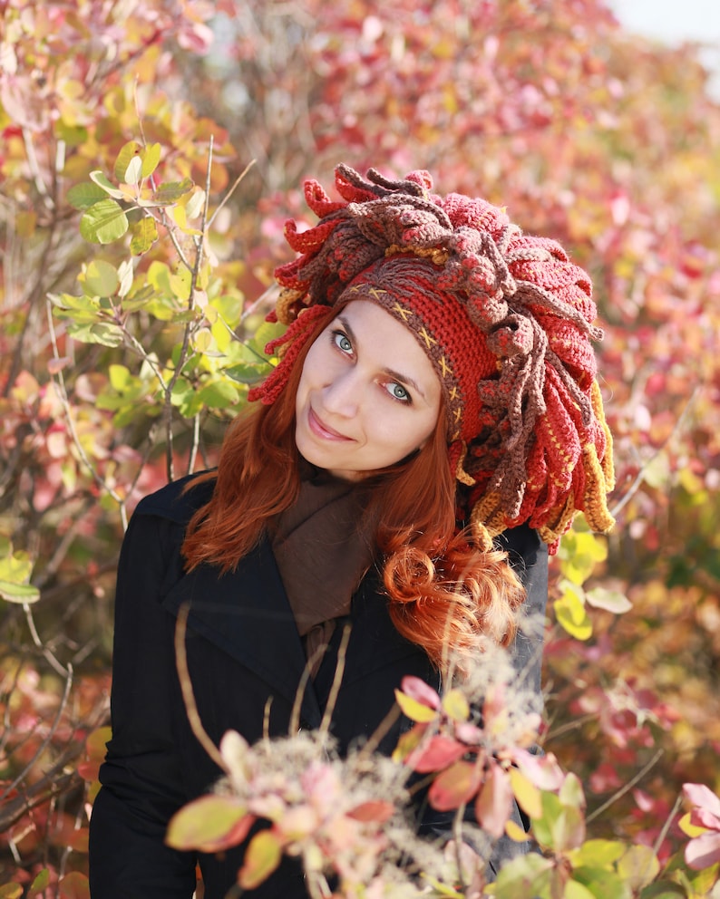 festival headdress in brown orange yellow color with feather leaves winter beanie Autumn shaman crochet hat
