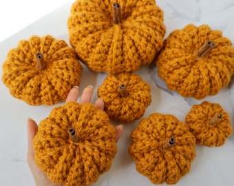 7 mustard crochet pumpkins with cinnamon sticks, rustic fall farmhouse decor