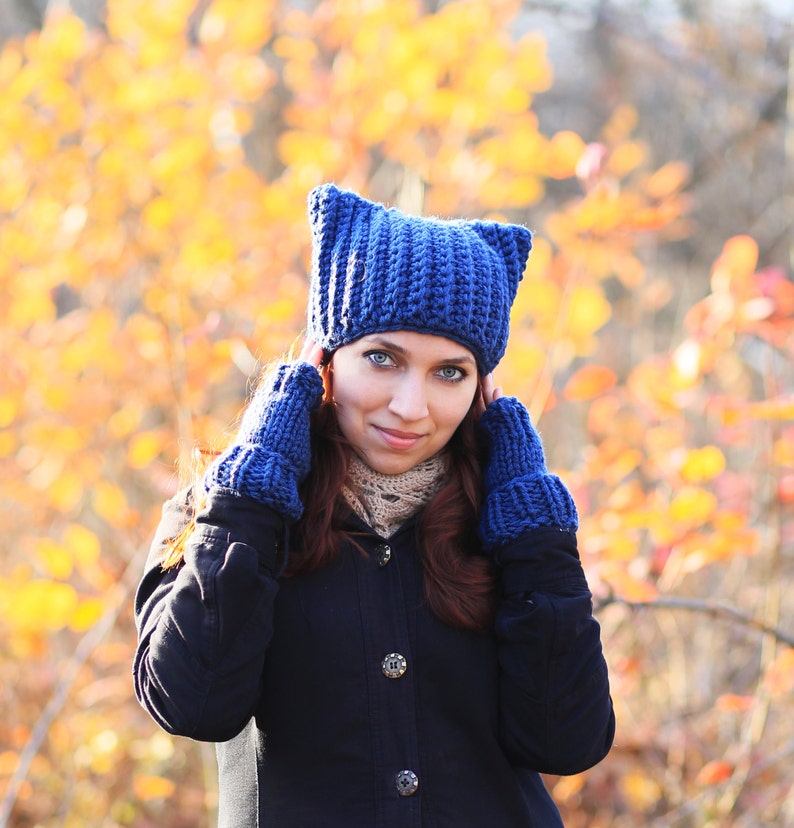 Navy Blue Adult Cat Ears Hat With Arm Warmers Chunky Crochet Etsy