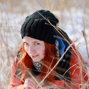 Slouchy black hat with fur pompom hand knitted wool hat warm soft knit woman accessories image 9