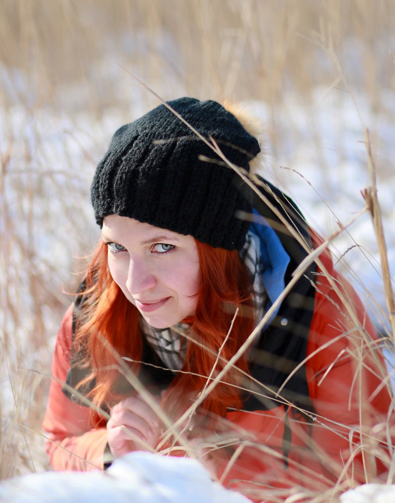 Slouchy black hat with fur pompom hand knitted wool hat warm soft knit woman accessories image 9