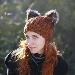 Winter hat with squirrel ears crochet unisex adult beanie natural fur black fox ears hat best gift idea for animal lovers dog cat owl pets image 3