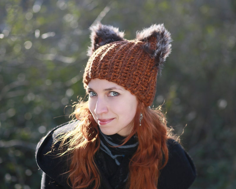Winter hat with squirrel ears crochet unisex adult beanie natural fur black fox ears hat best gift idea for animal lovers dog cat owl pets image 3