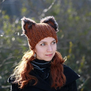 Winter hat with squirrel ears crochet unisex adult beanie natural fur black fox ears hat best gift idea for animal lovers dog cat owl pets image 7