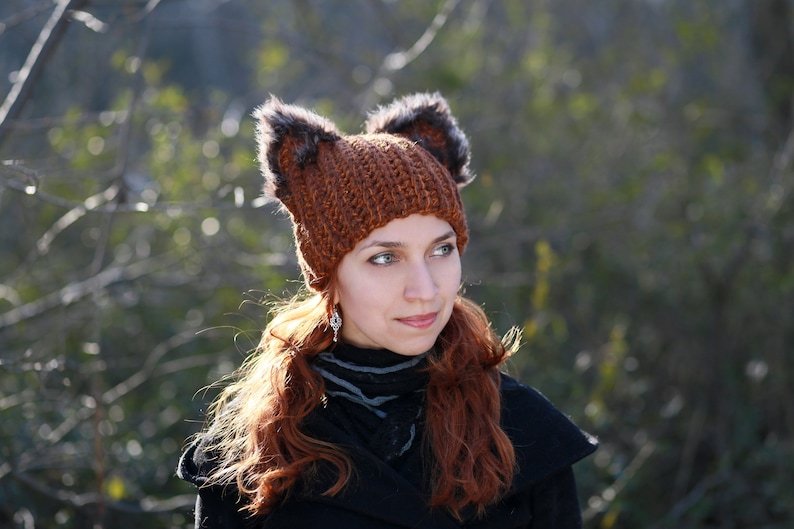 Winter hat with squirrel ears crochet unisex adult beanie natural fur black fox ears hat best gift idea for animal lovers dog cat owl pets image 7