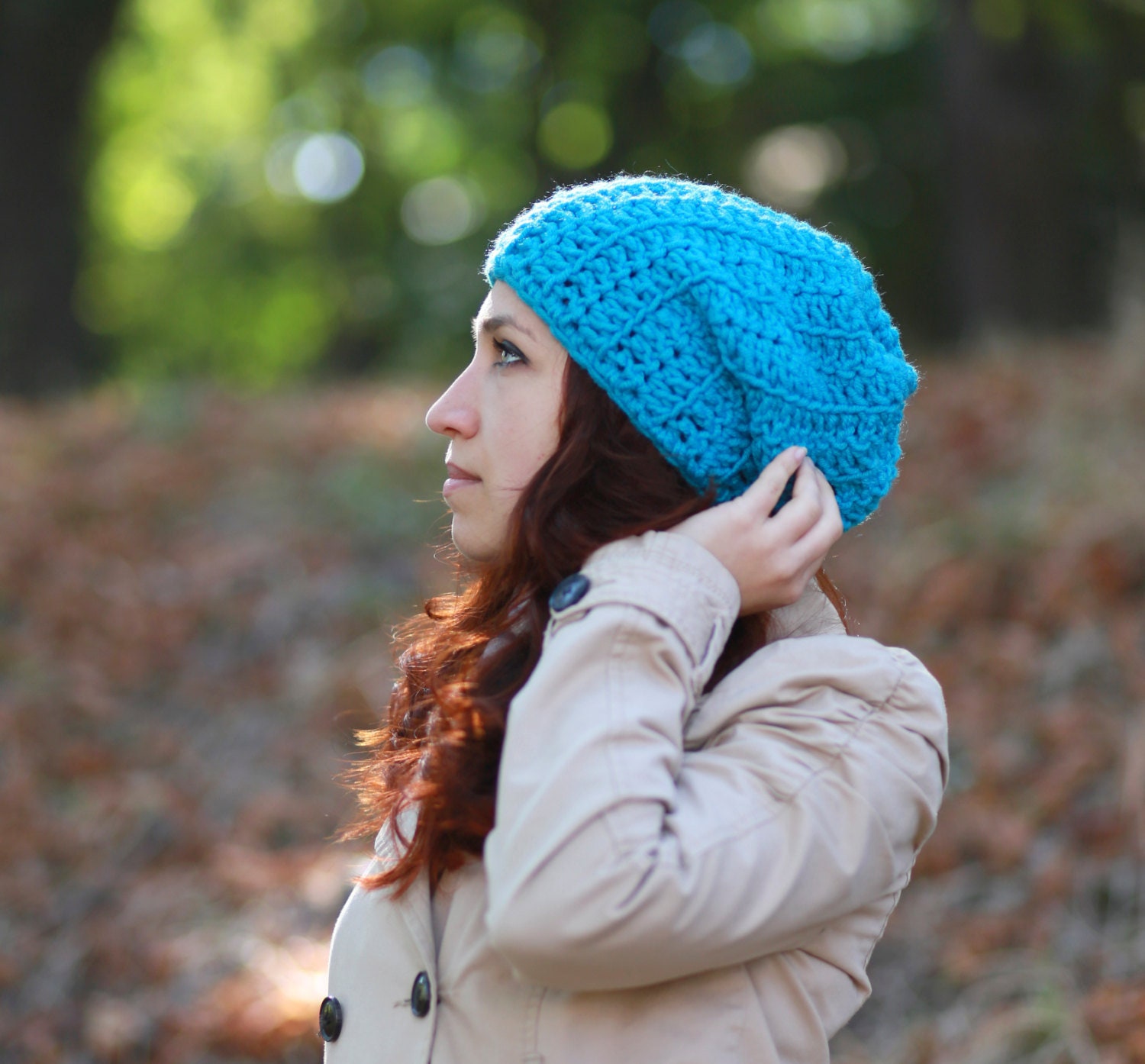 Handmade Crochet Slouchy Beanie: Aqua Blue Baggy Hat - Etsy display picture 1