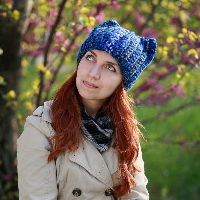 Blue winter hat with ears knit handmade animal crochet adult ladies beanie cat lover gift idea fox soft yarn fashion cat hat image 2