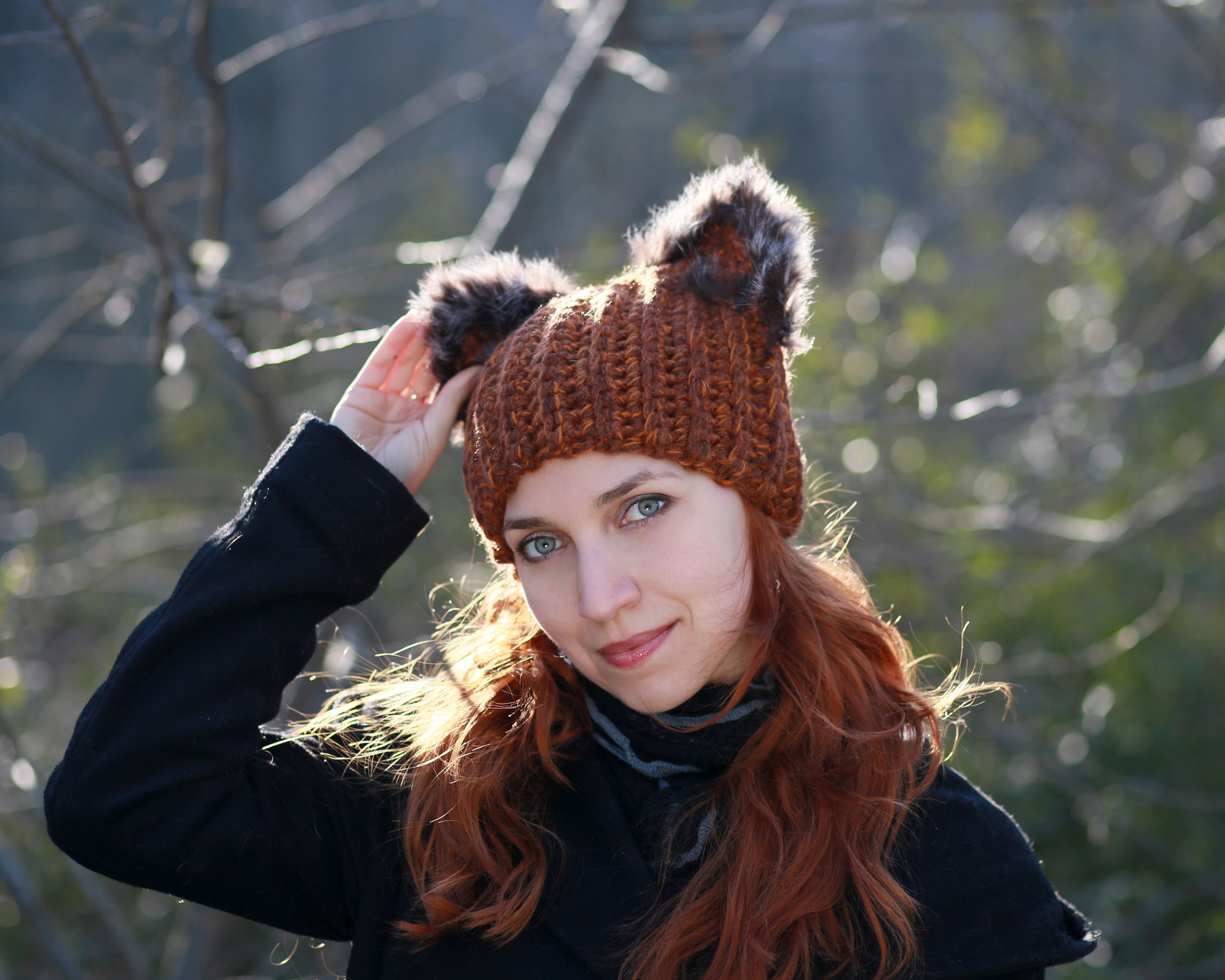 Crochet Squirrel Ears Beanie: Furry Animal Natural Fur Black Fox