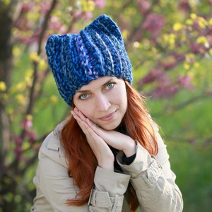 Blue winter hat with ears knit handmade animal crochet adult ladies beanie cat lover gift idea fox soft yarn fashion cat hat image 6