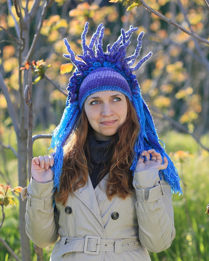 Purple blue crochet hat original headdress with tassels and horns winter cosplay beanie image 9