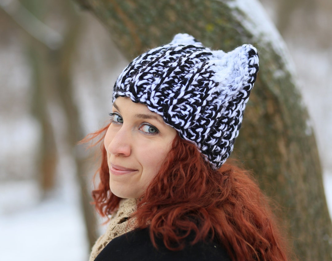 Black White With Snow Cat Ears Slouchy Beanie Unisex Adult Crochet