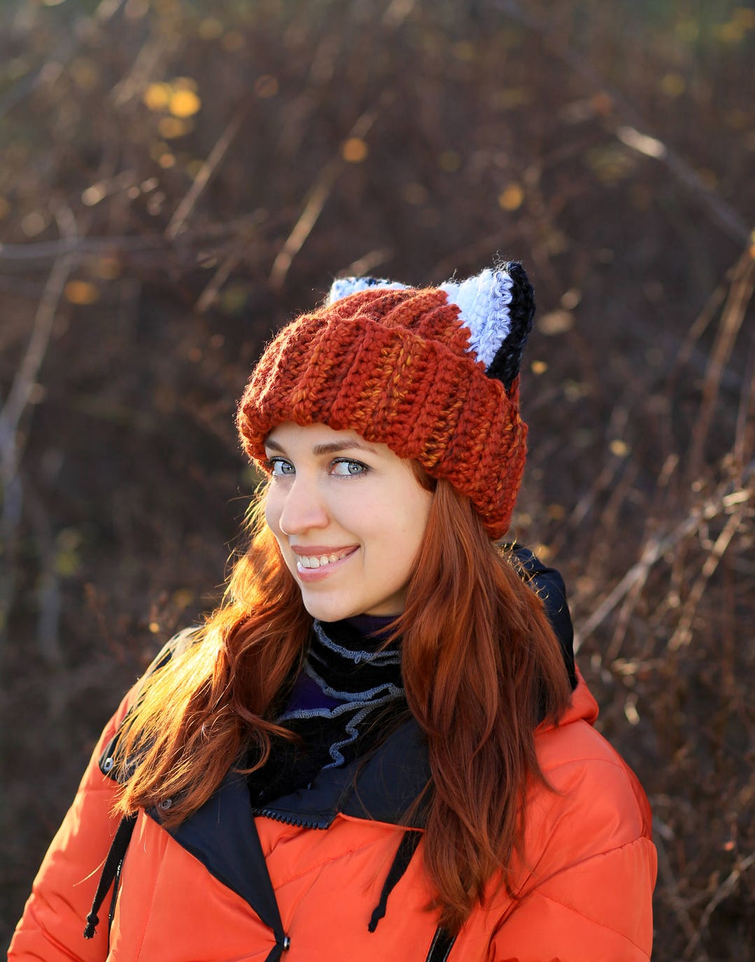 Beanie With Red Fox Ears - Crochet Orange Slouch Cat Hat - Etsy