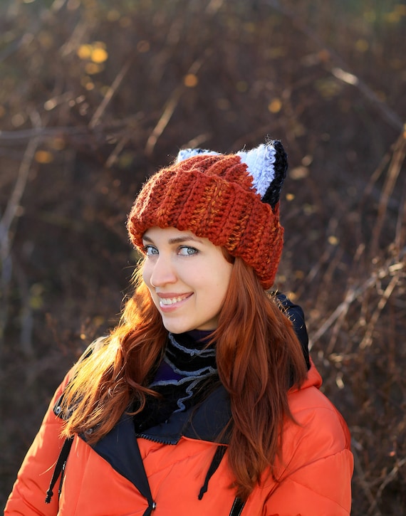 Bonnet avec oreilles de renard roux chapeau chat orange au crochet -   Canada