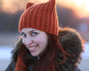 Winter Red Fox Hat with ears - crochet crazy beanie - handmade woman accessory