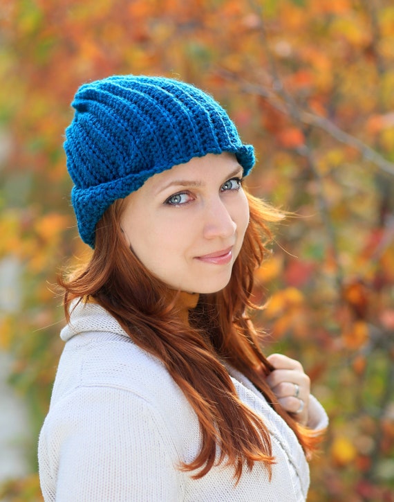 Crochet Slouchy Beanie: Unisex Navy Blue Knit Hat, Striped  display picture 3