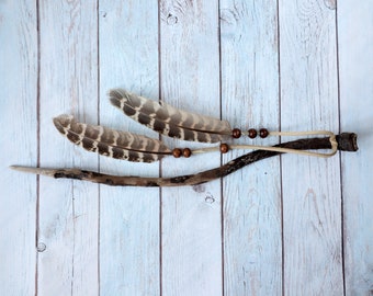 Magic driftwood wand -  spiritual helper tool with feathers