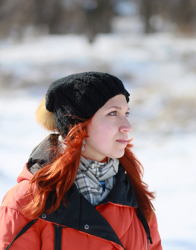 Slouchy black hat with fur pompom hand knitted wool hat warm soft knit woman accessories image 6