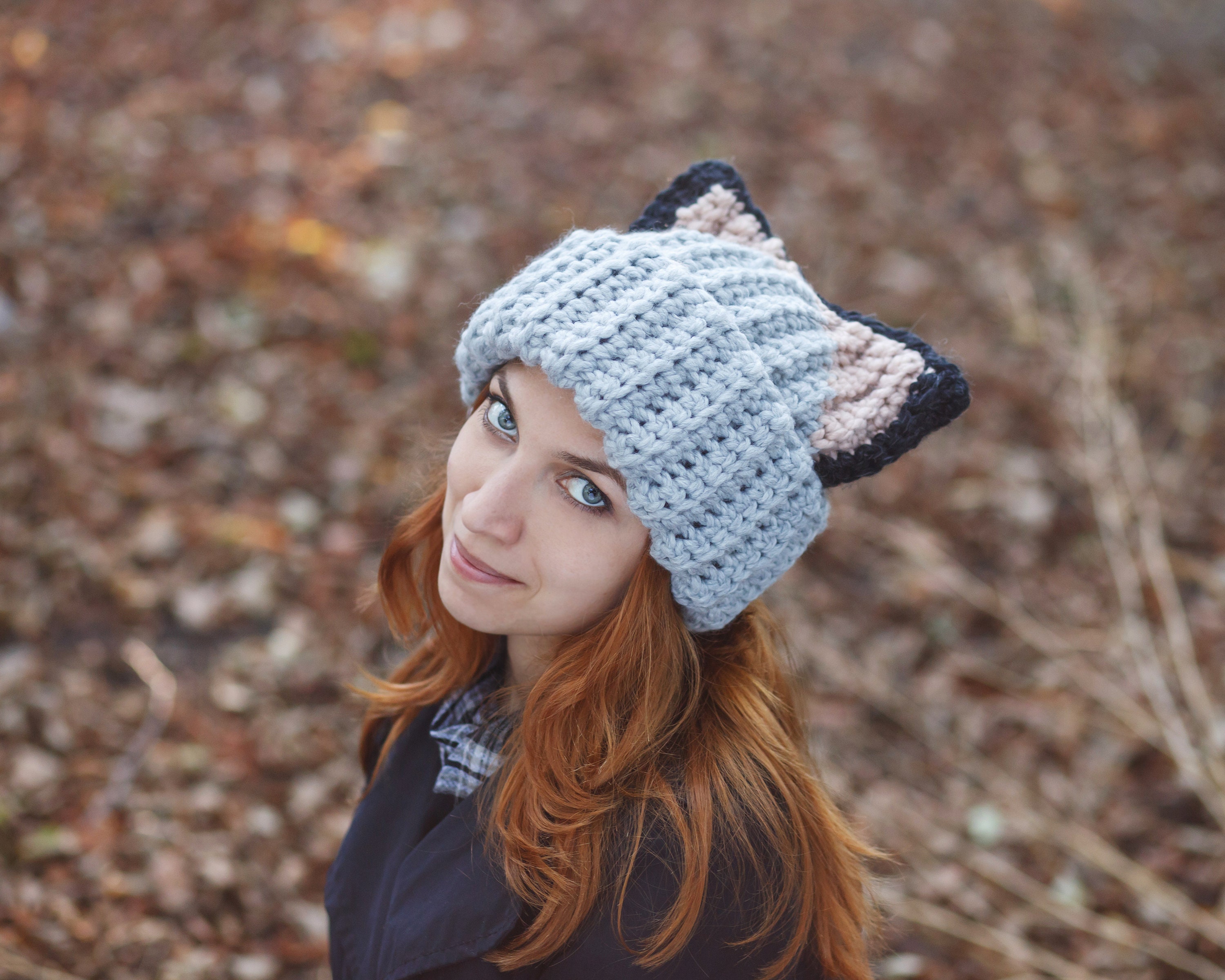 Gray Wolf Dog Ears Beanie - Crochet Ashen Slouchy Chunky Cat Hat