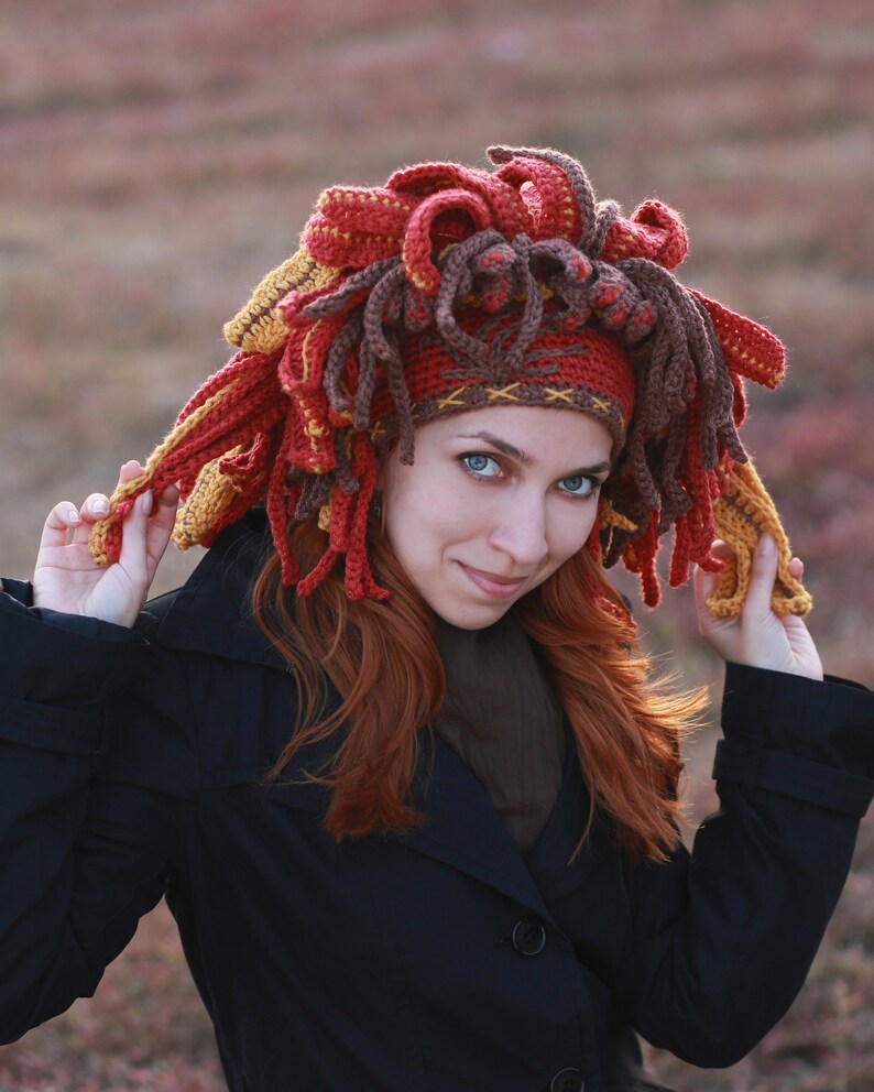 festival headdress in brown orange yellow color with feather leaves winter beanie Autumn shaman crochet hat