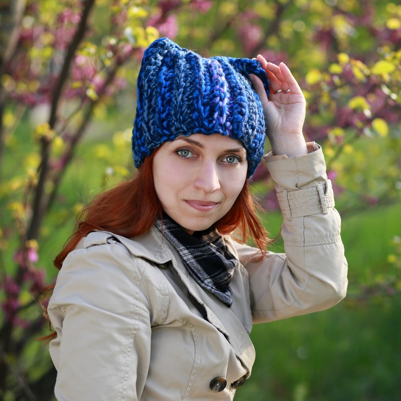 Blue winter hat with ears knit handmade animal crochet adult ladies beanie cat lover gift idea fox soft yarn fashion cat hat image 5
