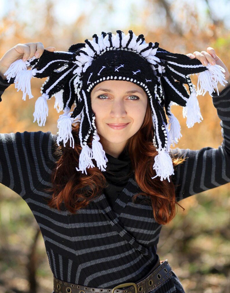Black white festival headdress unisex adult crochet tribal winter hat